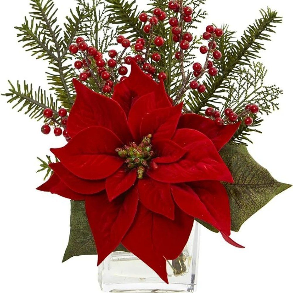 Nearly Natural Poinsettia,  Pine & Berries in Vase Artificial Arrangement